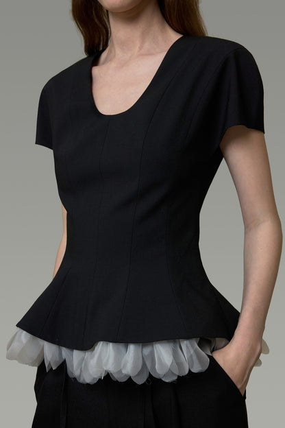 Color-Blocked U-Neck Waist-Cinching Blouse