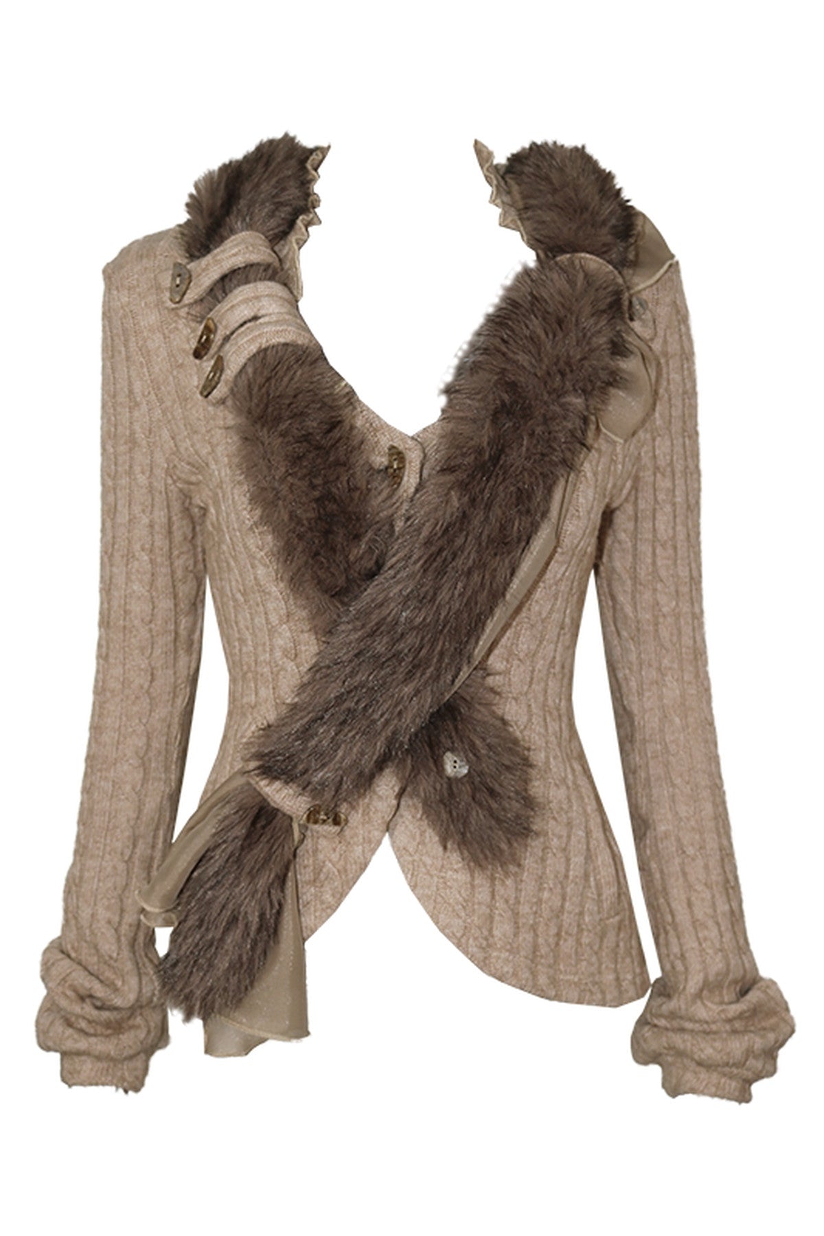 3D Asymmetric Cross-Over Detachable Fur Collar Cardigan