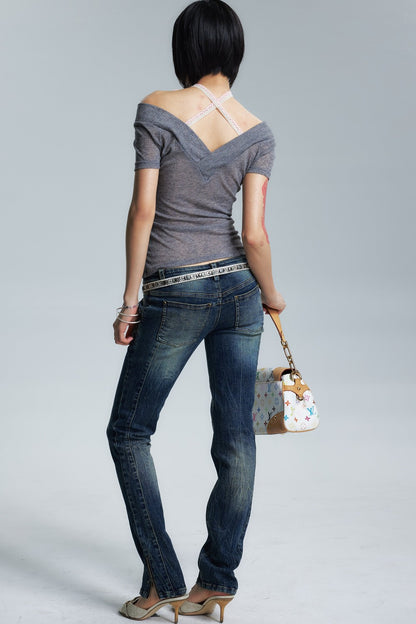 Sheer Two-Color V-Neck Off-Shoulder T-Shirt