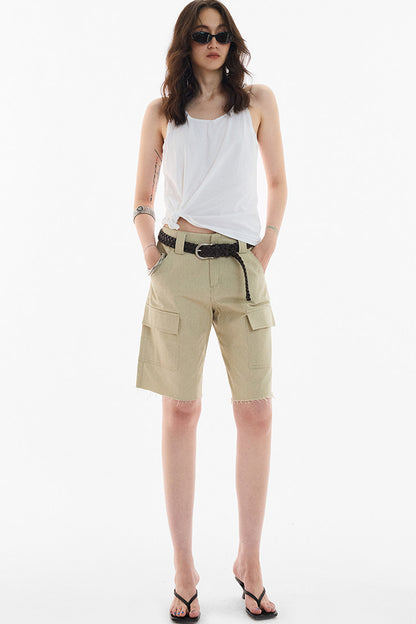Khaki Workwear Straight-Leg Frayed Hem Pants