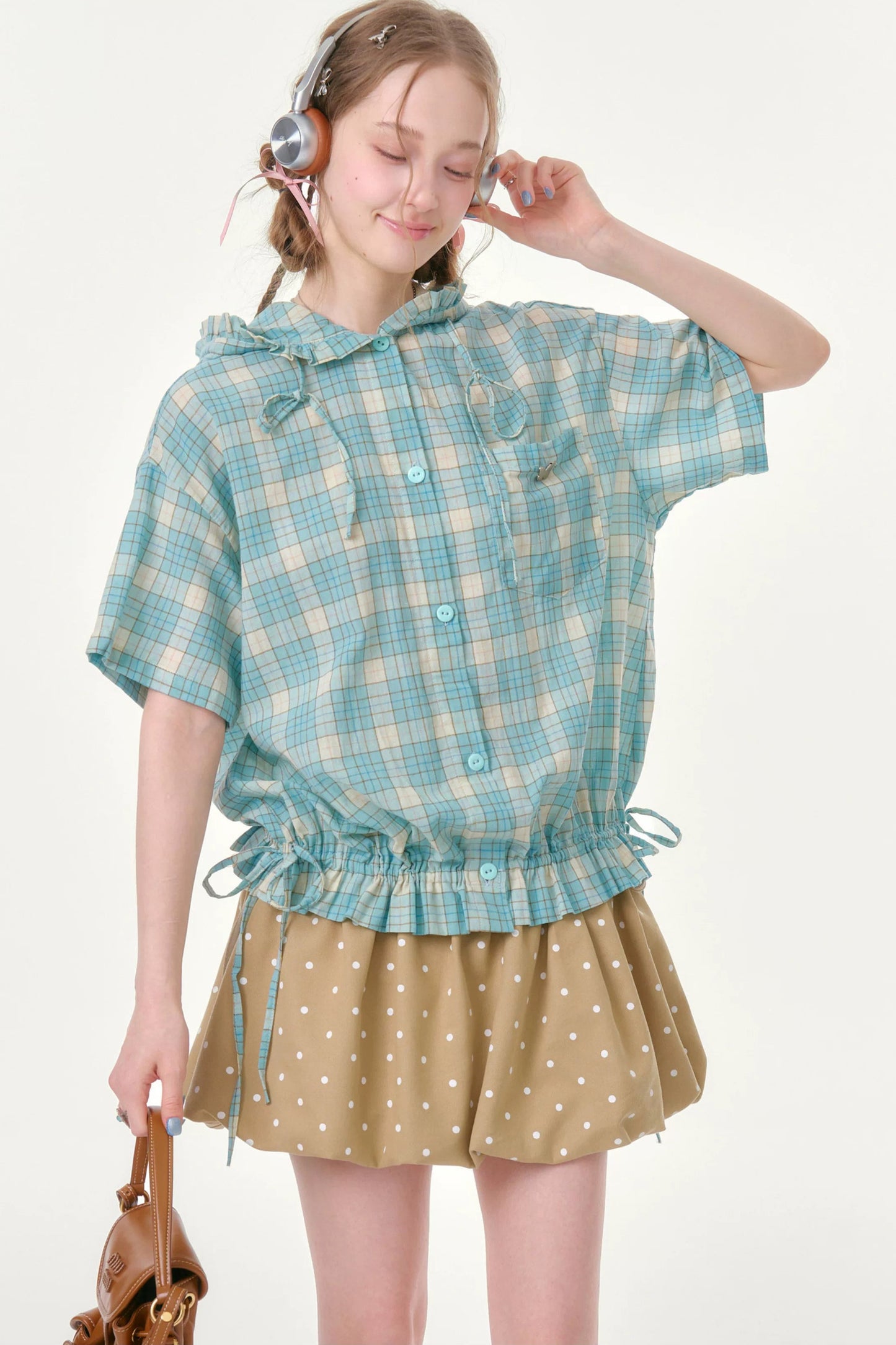 Sea Salt Plaid Hooded Blouse