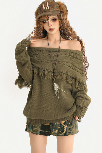One-Shoulder Tassel Loose Knit Sweater