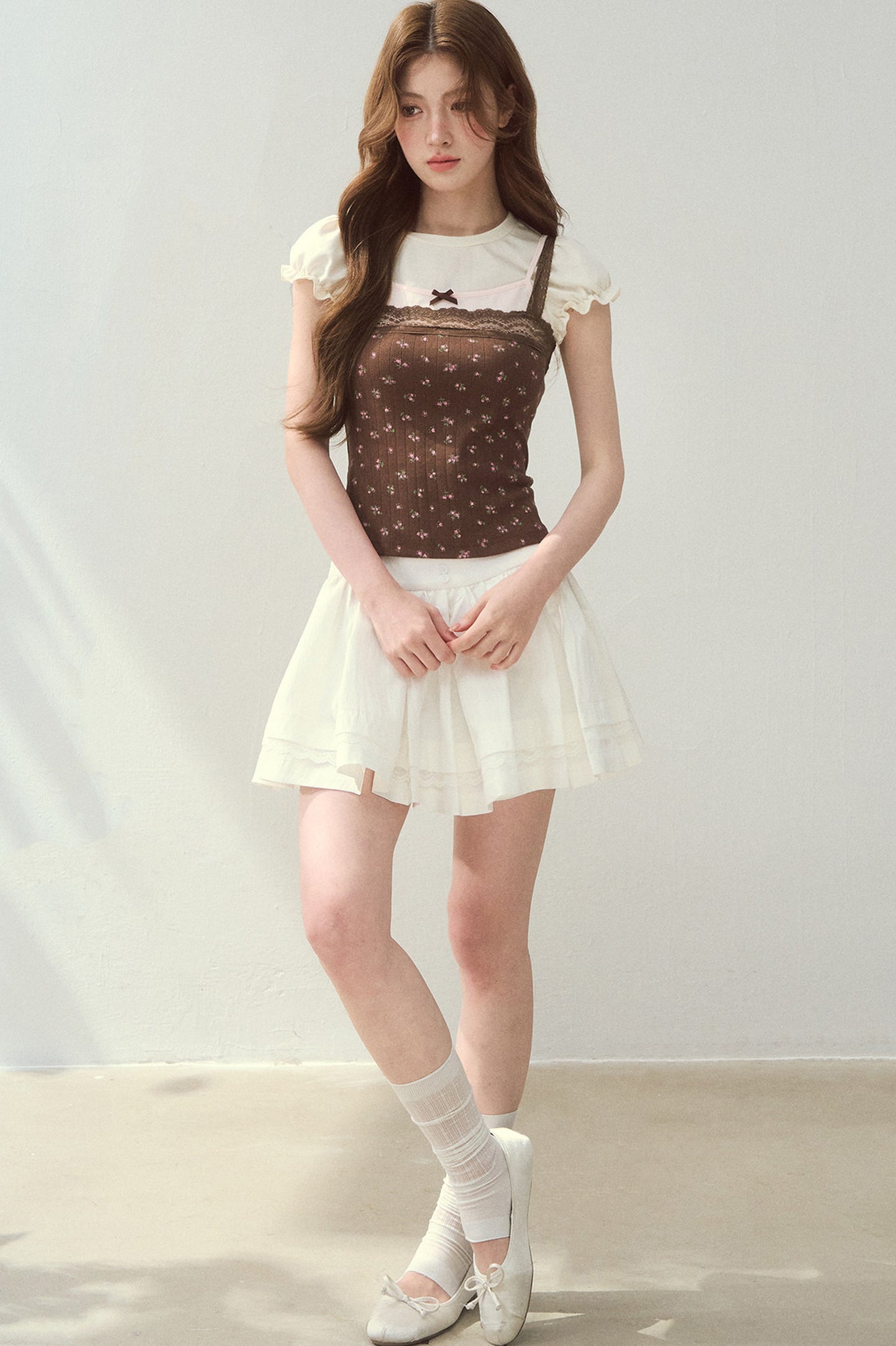 Floral Patchwork Lace Strap Puff Sleeve Top