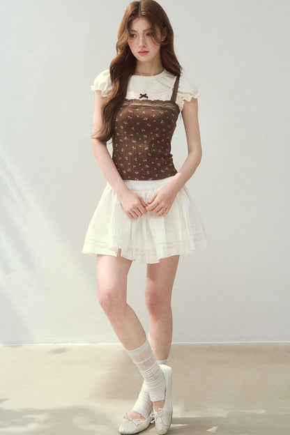 Floral Patchwork Lace Strap Puff Sleeve Top