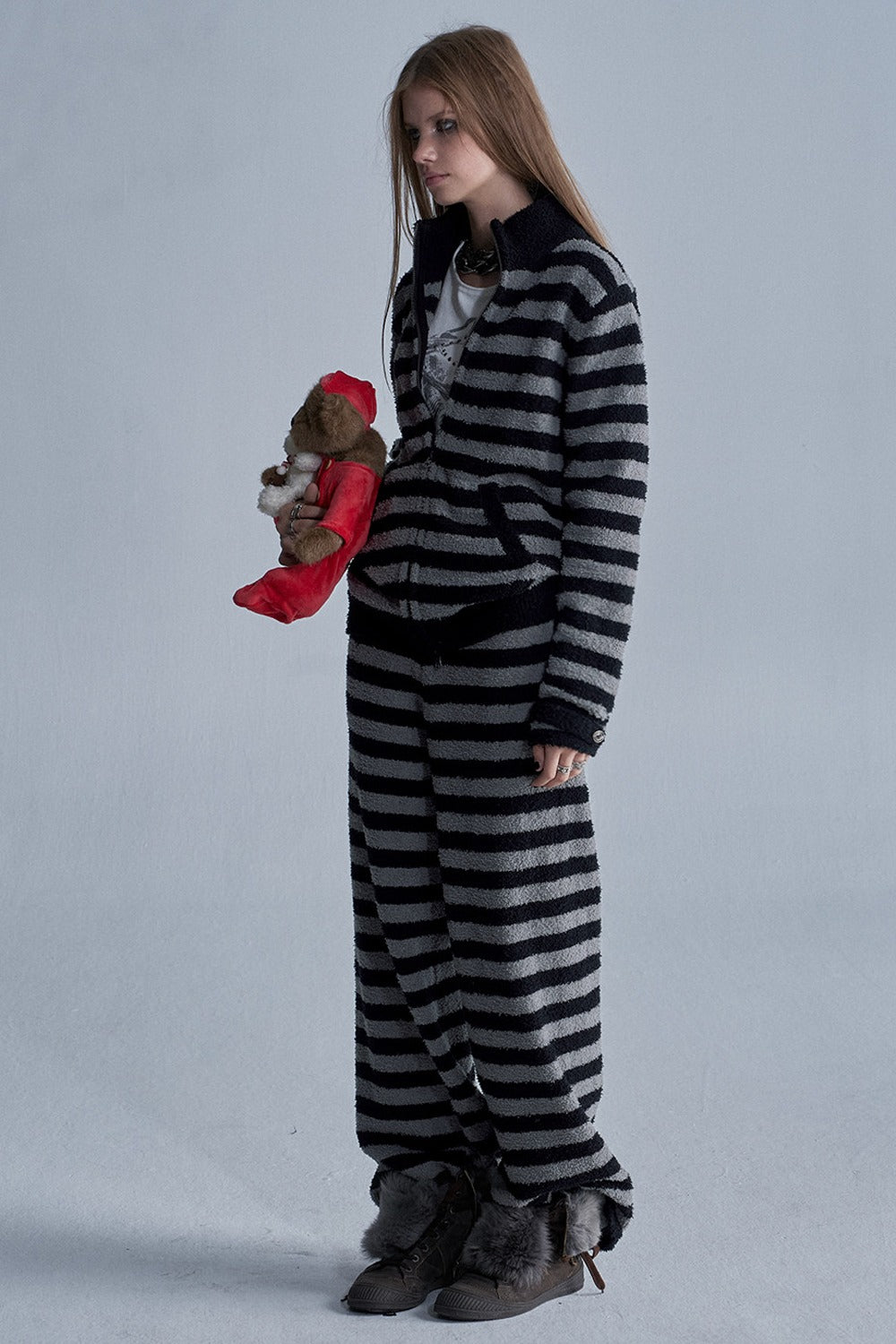 Striped Zip Cardigan and Pants Set