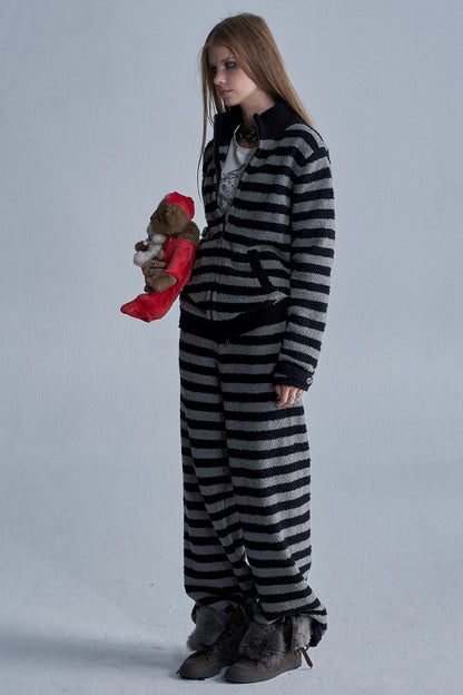 Striped Zip Cardigan and Pants Set