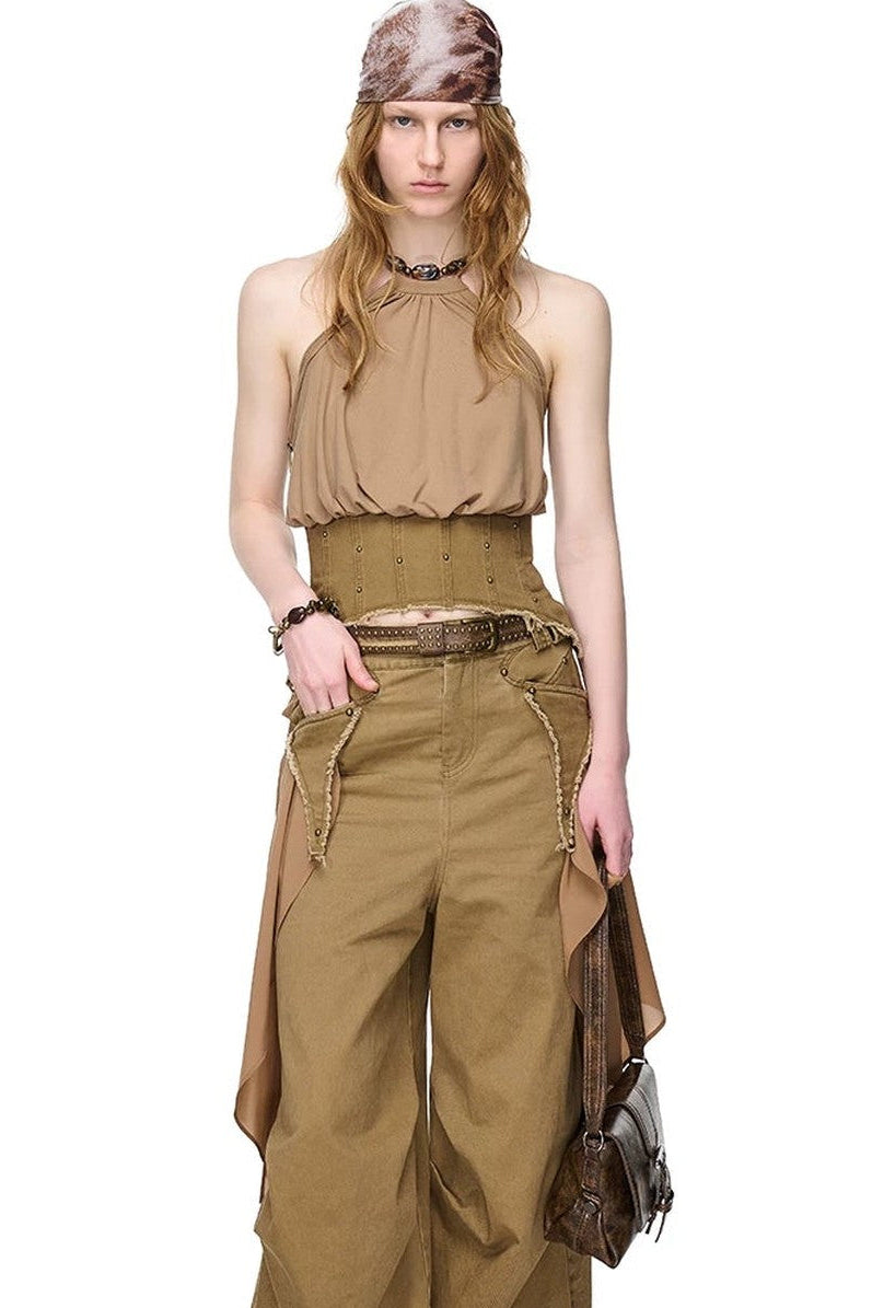 Washed Khaki Patchwork Halter Corset