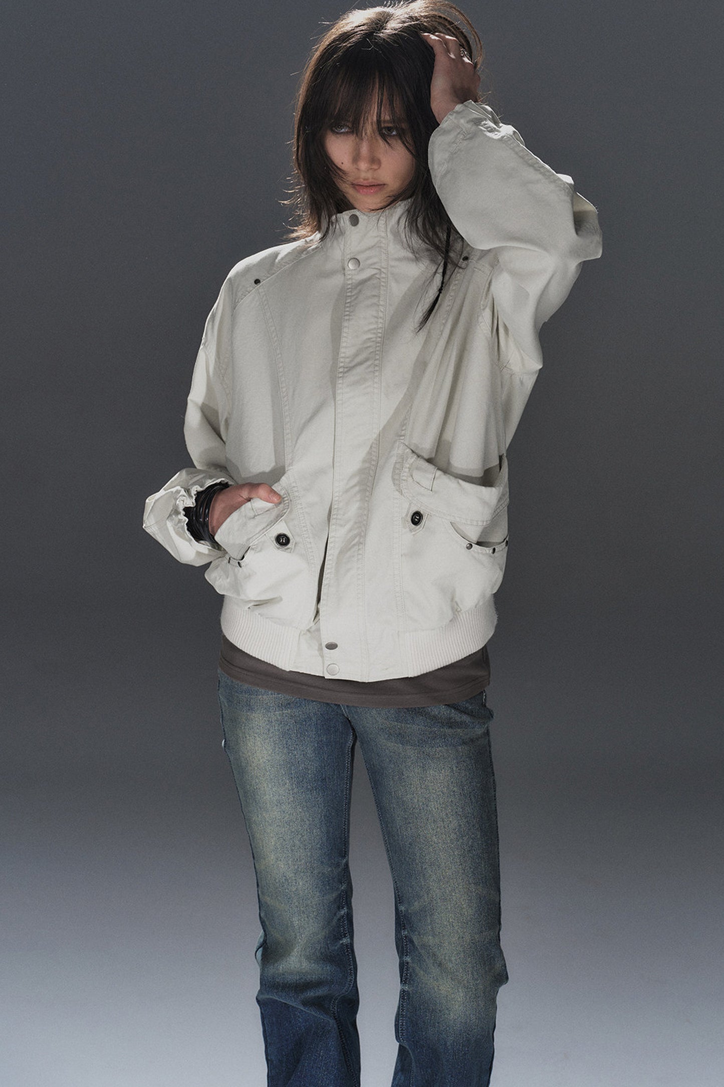 Rivet Patchwork Stand Collar Jacket