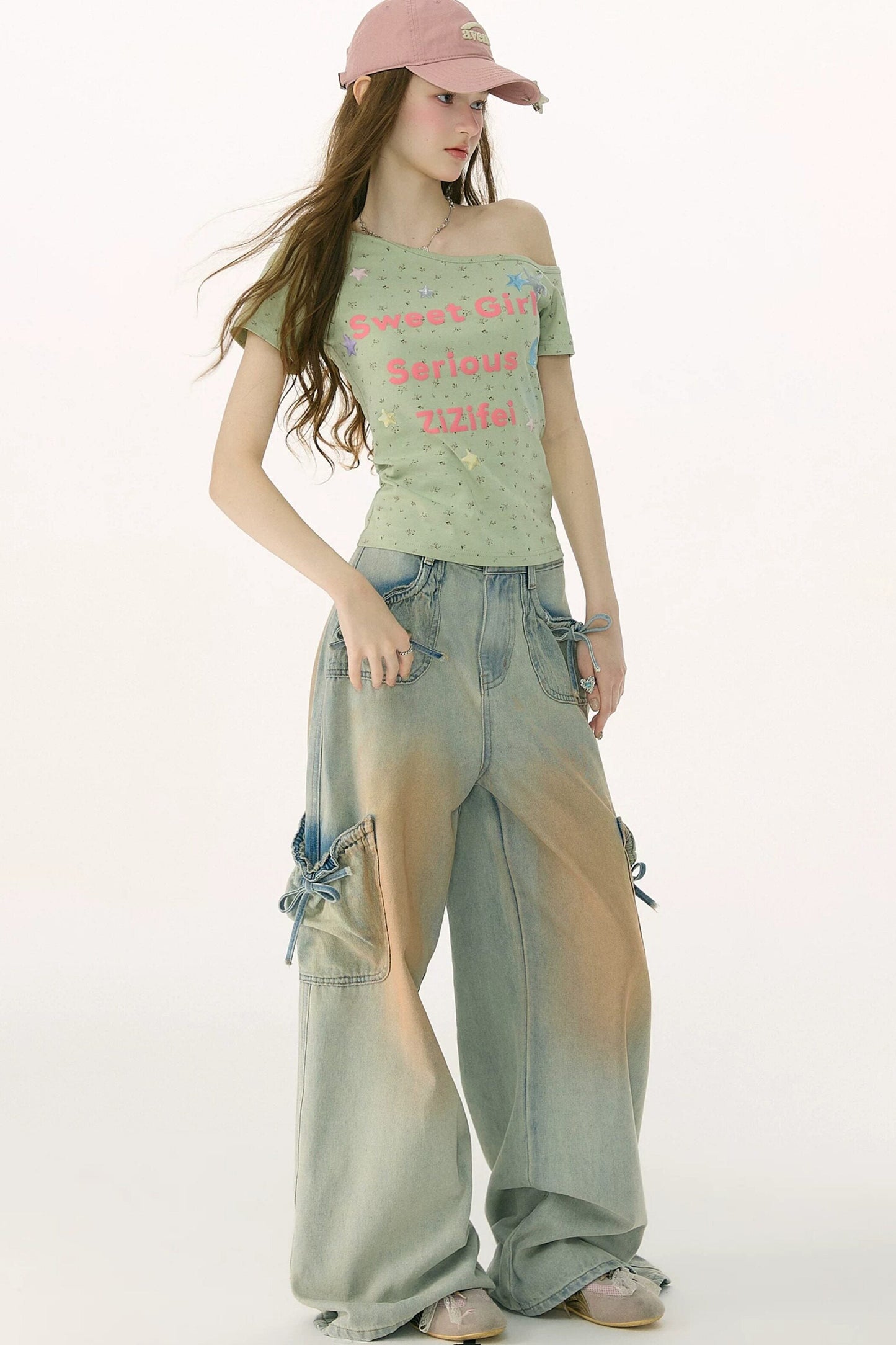 High-Waisted Bow-Knot Wide-Leg Denim Pants