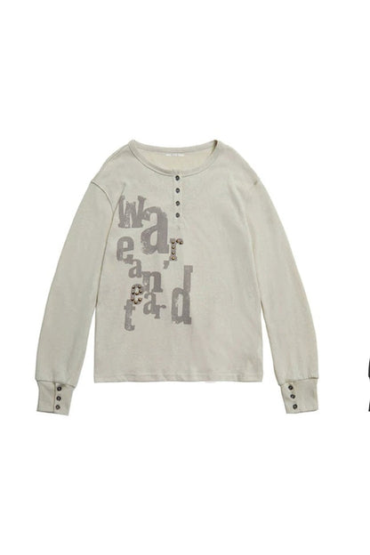 Half-Placket Printed Rhinestone Ruched Sleeve T-Shirt