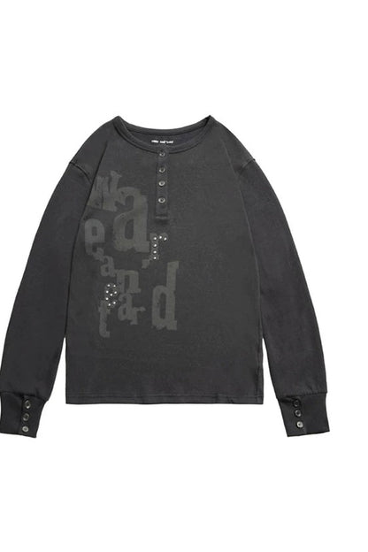Half-Placket Printed Rhinestone Ruched Sleeve T-Shirt