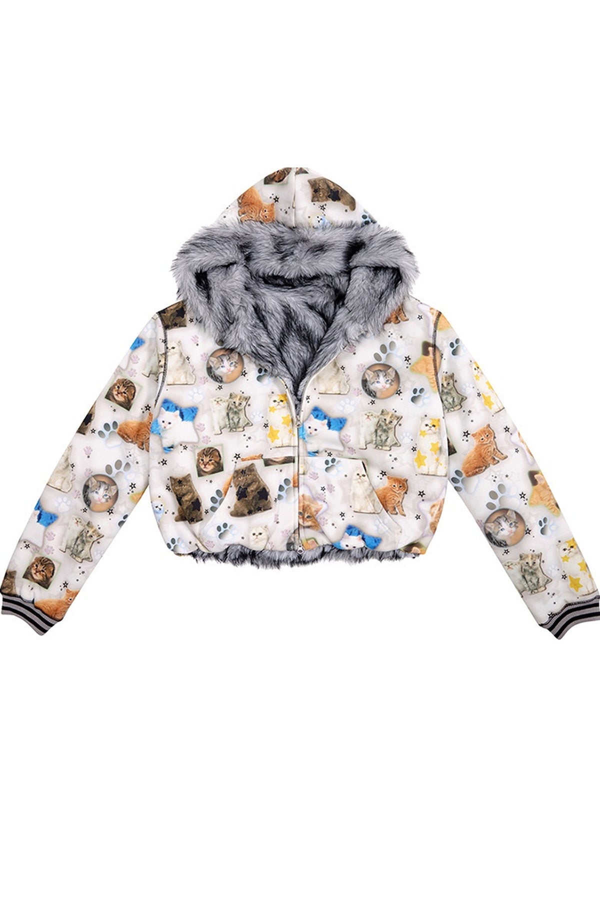 Cat Print Reversible Fur Coat