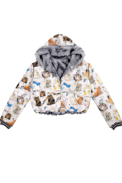 Cat Print Reversible Fur Coat