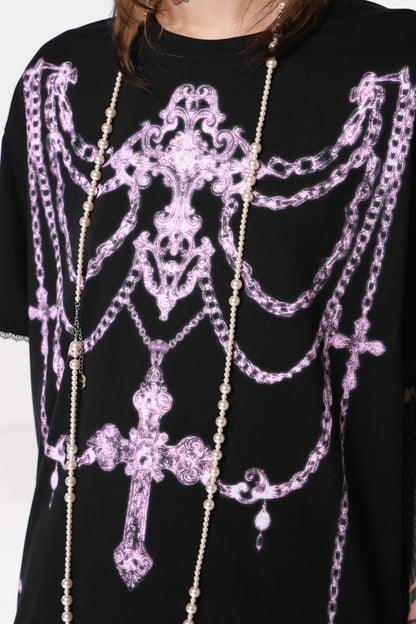 Gothic Cross Chain Rib Cage Lace T-Shirt