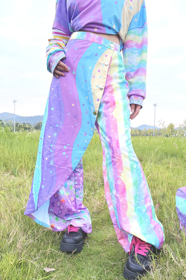 Macaron Color Layered-Look Wide-Leg Pants