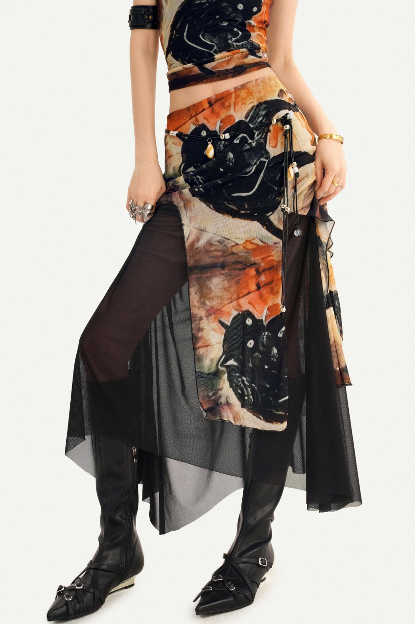Oriental Ink Painting Print Double-Layer Mesh Tank Top Set-Up