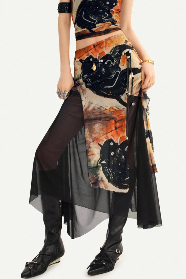 Oriental Ink Painting Print Double-Layer Mesh Tank Top Set-Up