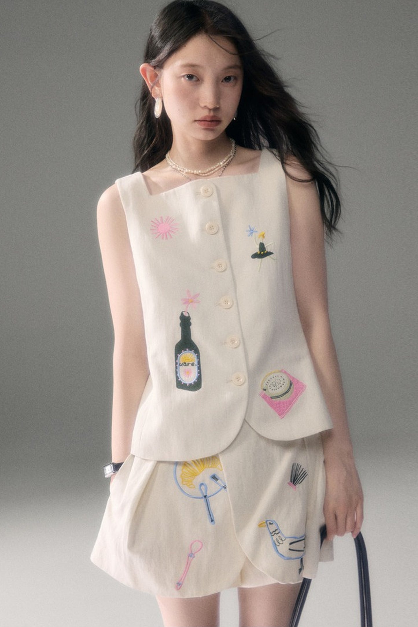 Ear Detail Tencel Cotton Embroidered Vest and Shorts Set-Up