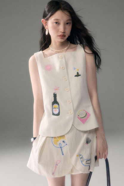 Ear Detail Tencel Cotton Embroidered Vest and Shorts Set-Up
