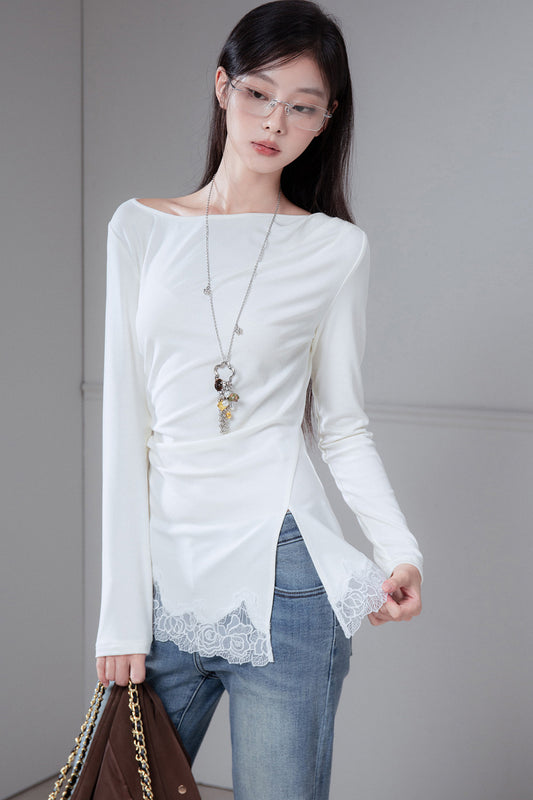Asymmetrical Pleated Patchwork Lace Knit Top