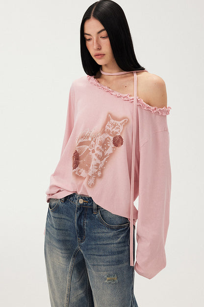 Cat Print Ruffle Off Shoulder Top