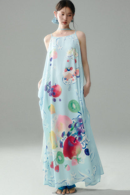 Hand-Painted Fruit Print Slip Dress