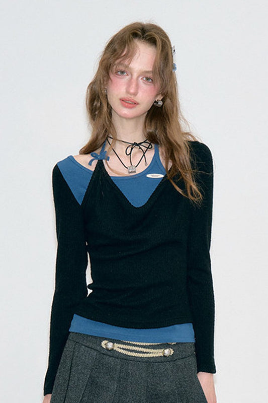 Blue Black Spliced Halter Knit Top