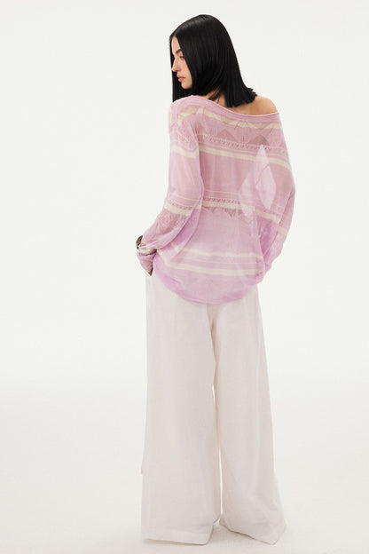 Pink Knit Hollow-Out Crochet-Style Pullover Top