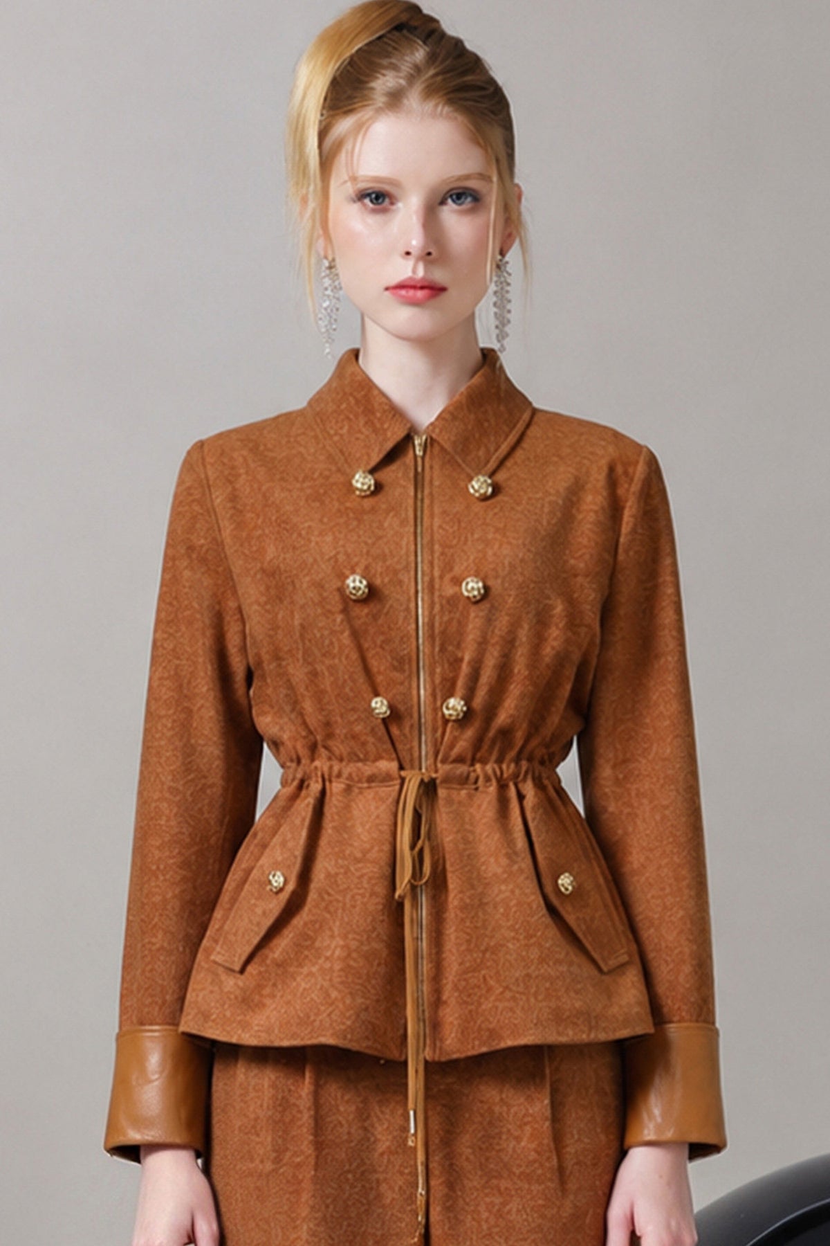Caramel Lapel Collar Jacket and Pants Set