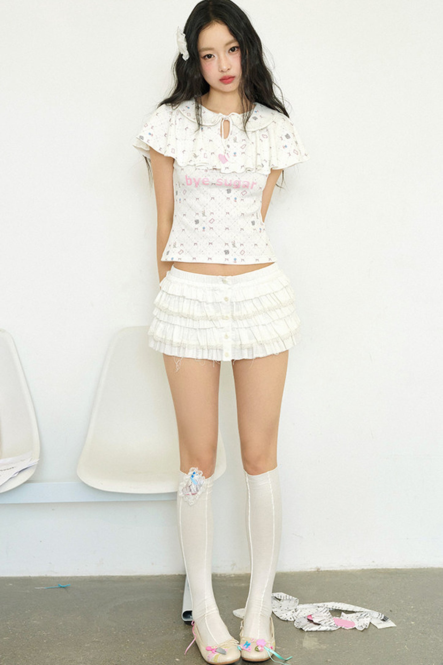 Print Ruffle Collar Top