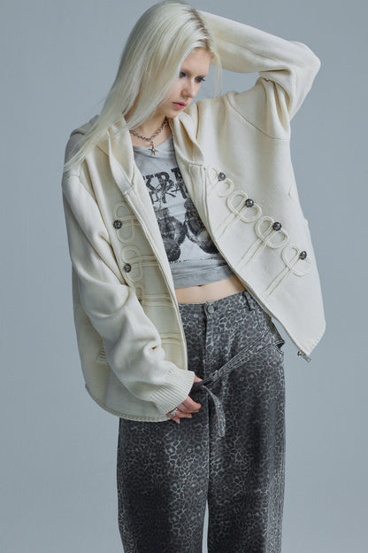 Chain Embroidery Hooded Knit Cardigan