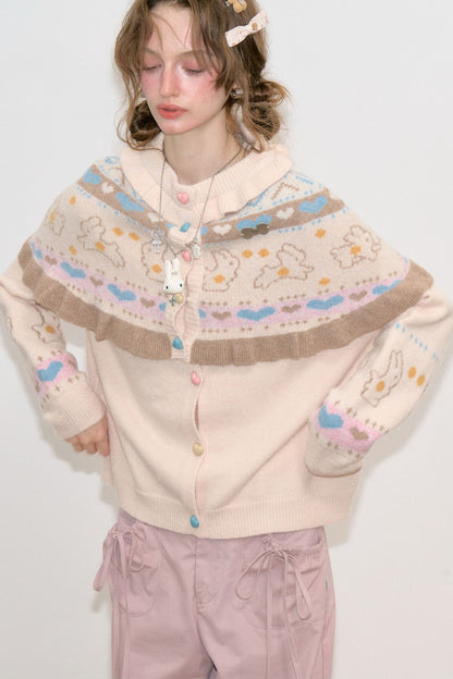 Ensemble cardigan en maille et châle abricot