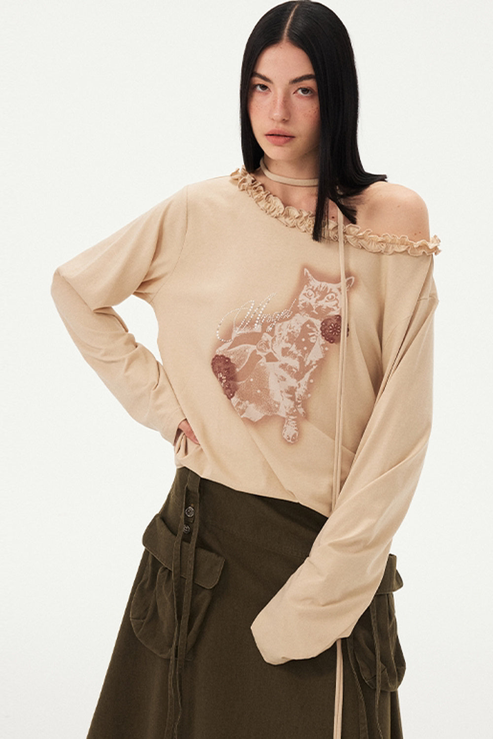 Cat Print Ruffle Off Shoulder Top