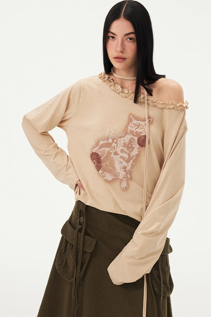 Cat Print Ruffle Off Shoulder Top