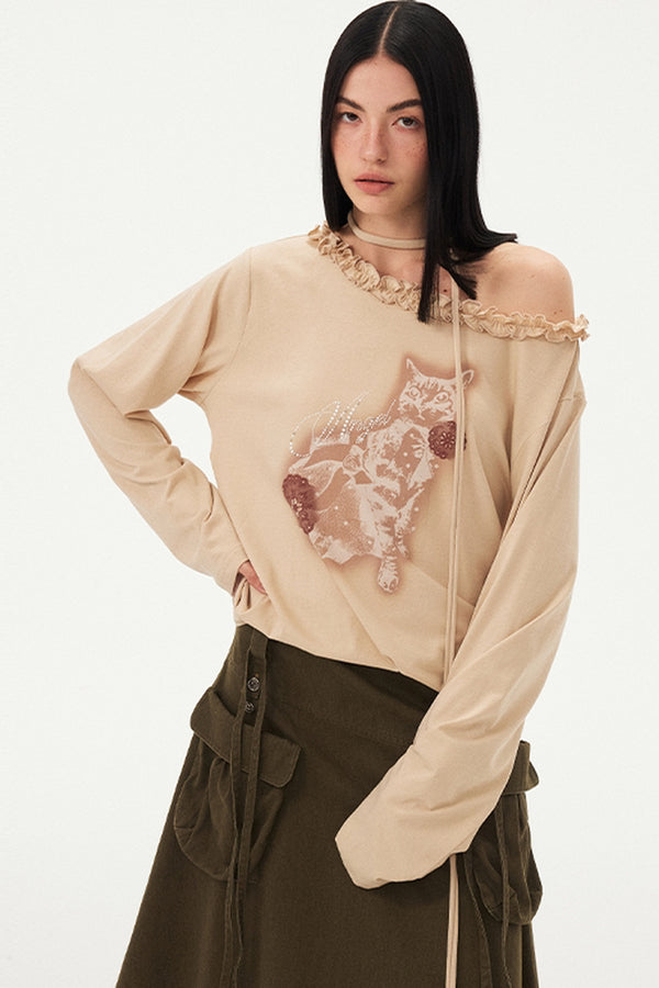 Cat Print Ruffle Off Shoulder Top