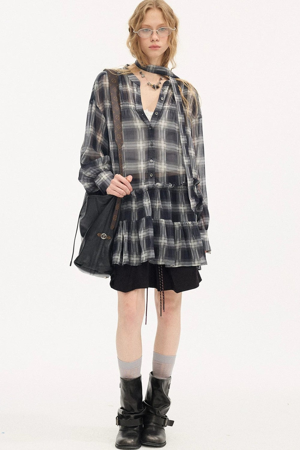 Drop Shoulder Plaid Blouse