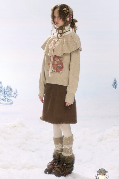 Brown Frayed Corduroy Mid-Length Skirt