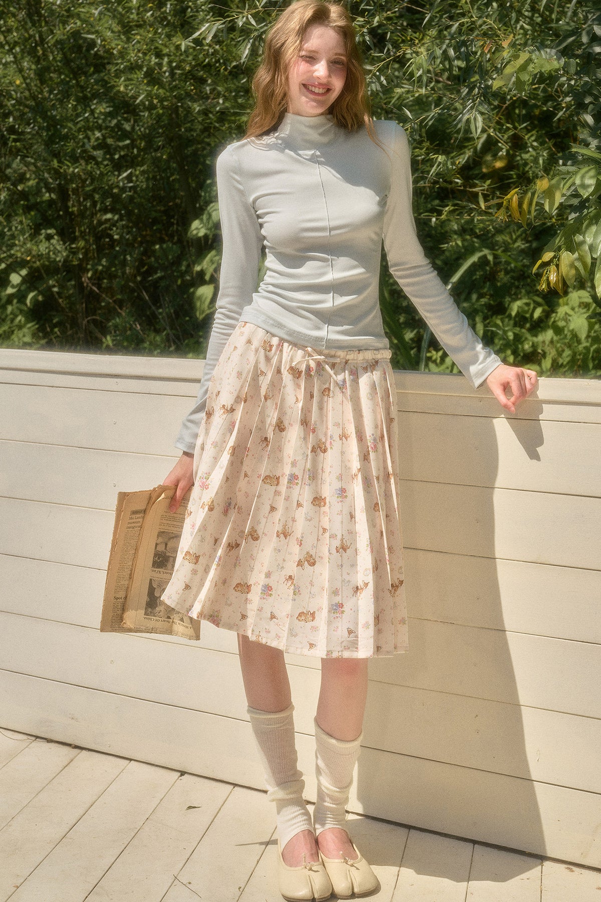 Elastic Waist Deer A-Line Pleated Skirt