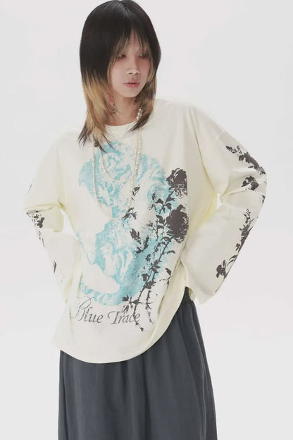 Distressed Cat Floral Long-Sleeve T-Shirt