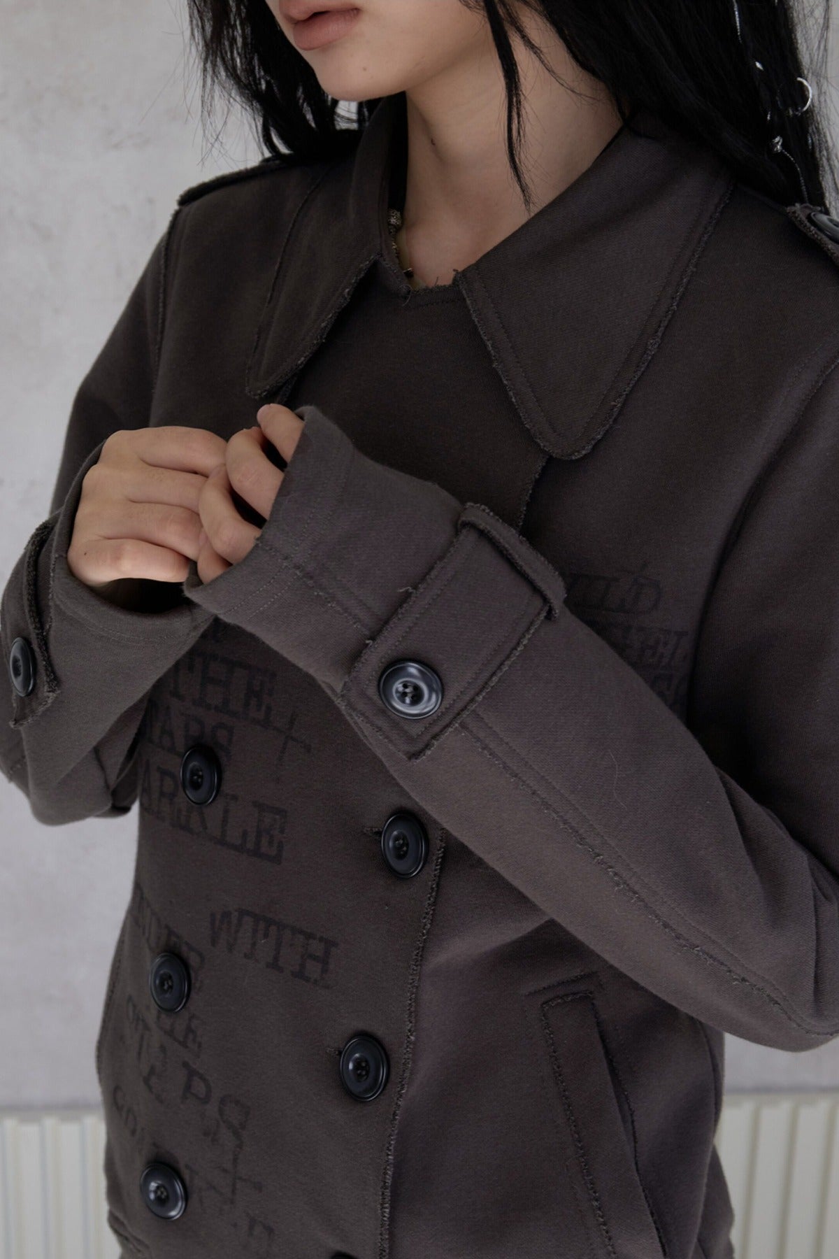 Trench Style Printed Unhemmed Double-Breasted Jacket
