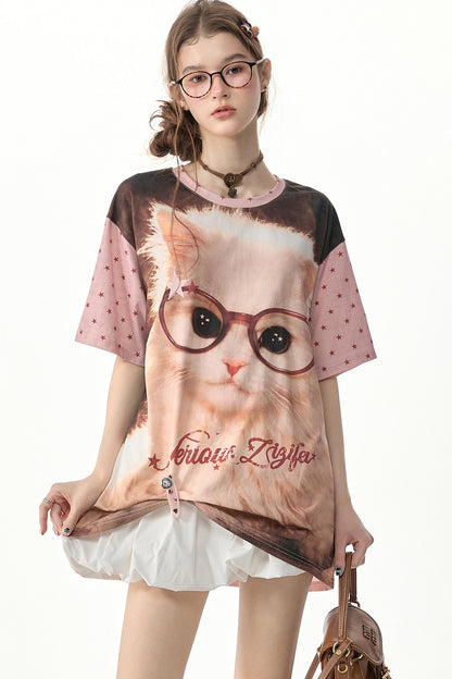 Lockeres T-Shirt mit Rundhalsausschnitt und pinkem Stern-Katzenprint