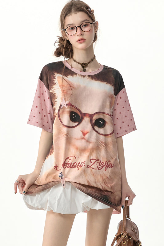 Pink Star Cat Print Round Neck Loose T-Shirt