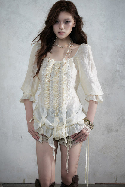Ruffle Ribbon Puff Sleeve Blouse