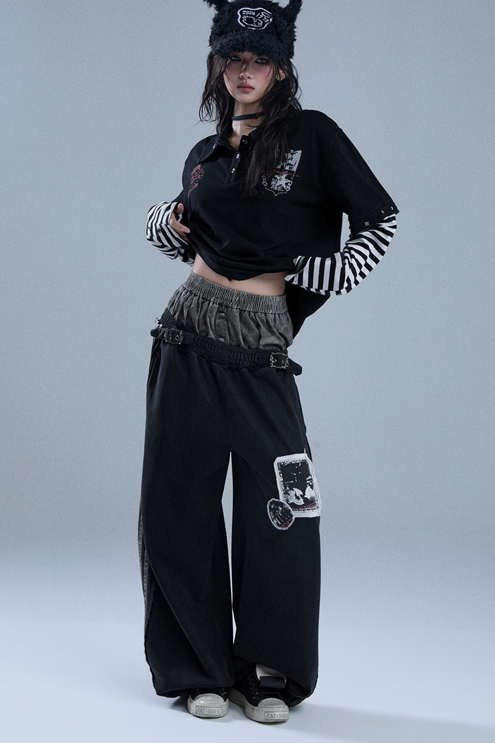 Layered-Look Patchwork Striped Pants