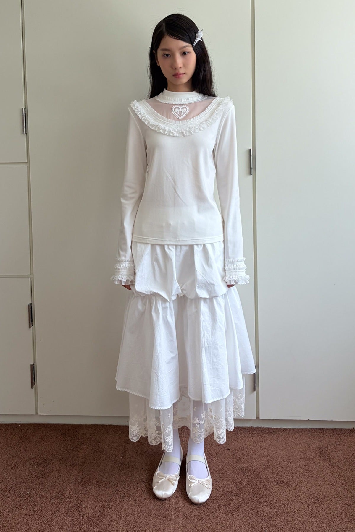 Embroidered Mesh Lace Collar T-Shirt