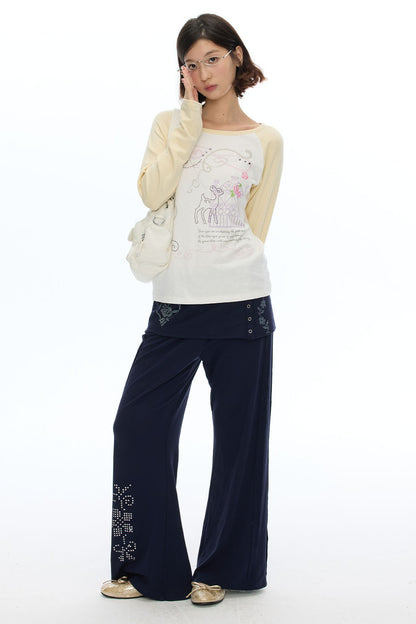 Deer Rose Print Long Sleeve Raglan Tee
