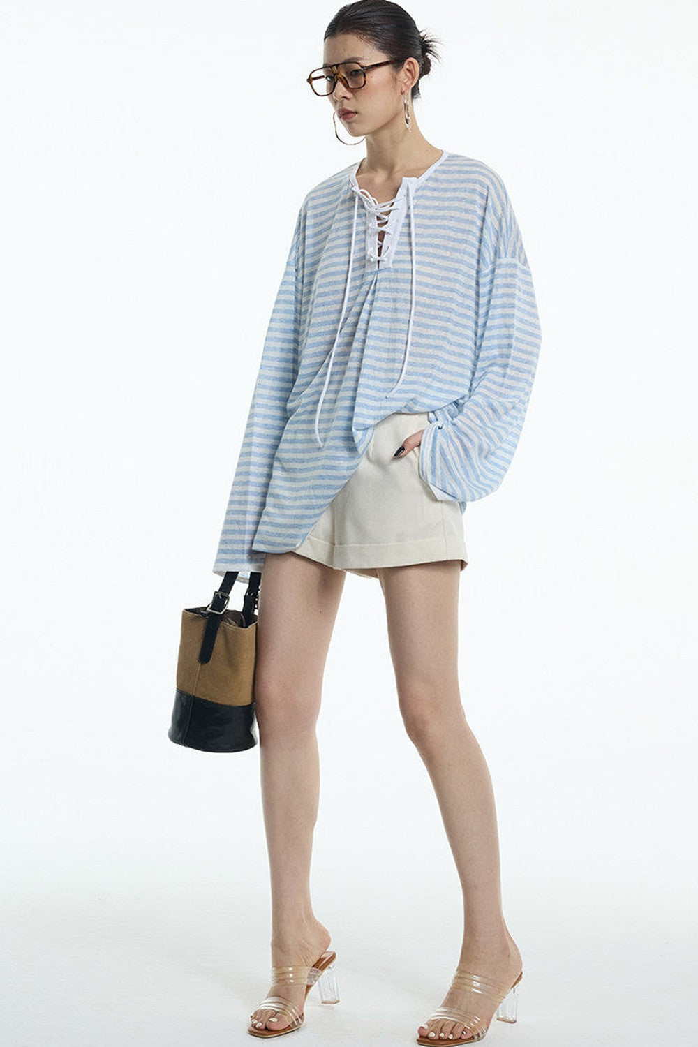 Navy Blue Tie-Neck Lyocell Top