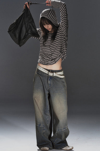 Waist Rivet Split Wide-Leg Denim Jeans