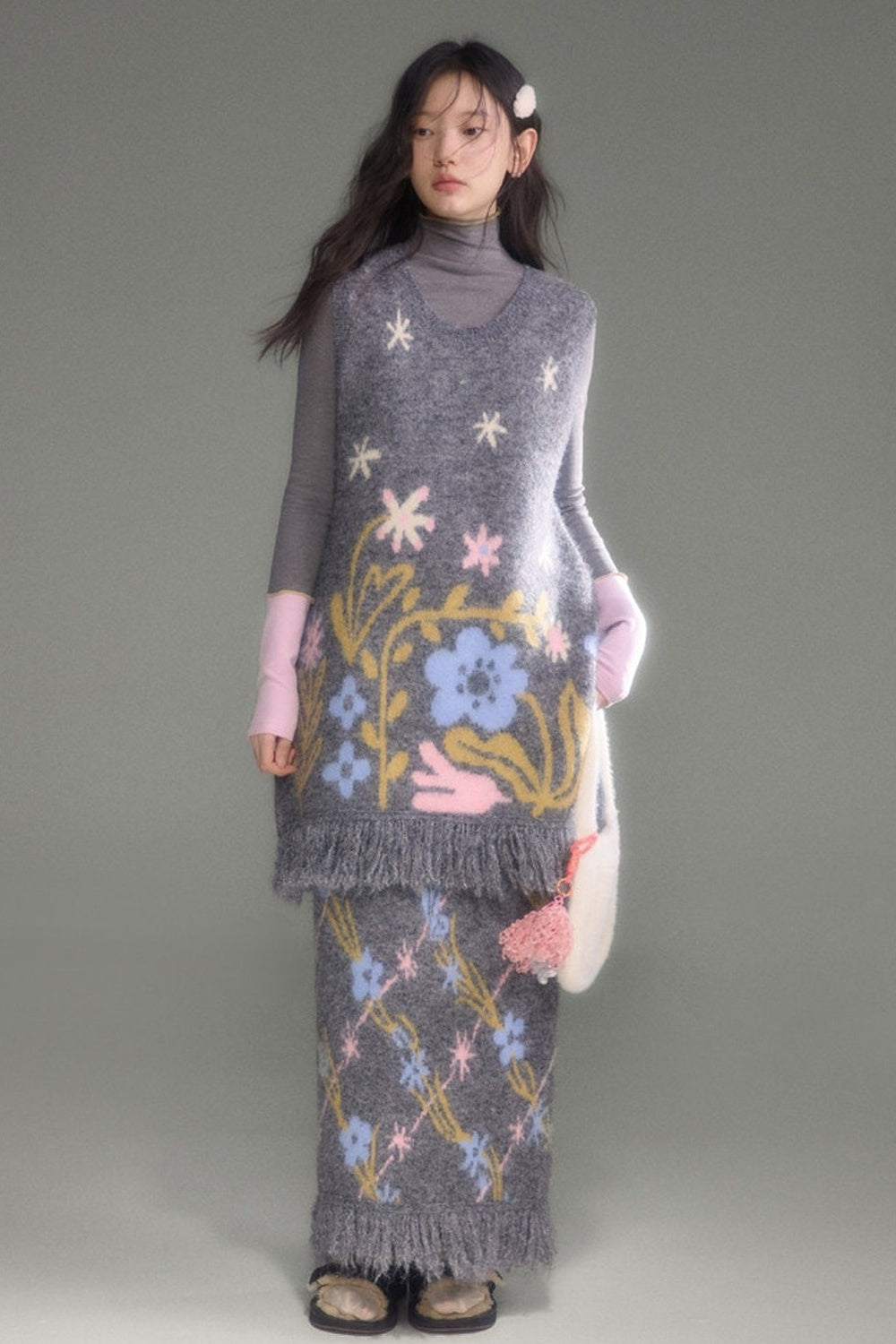 Ear-Shaped Wool-Blend Bird and Flower Jacquard Dress Set-Up
