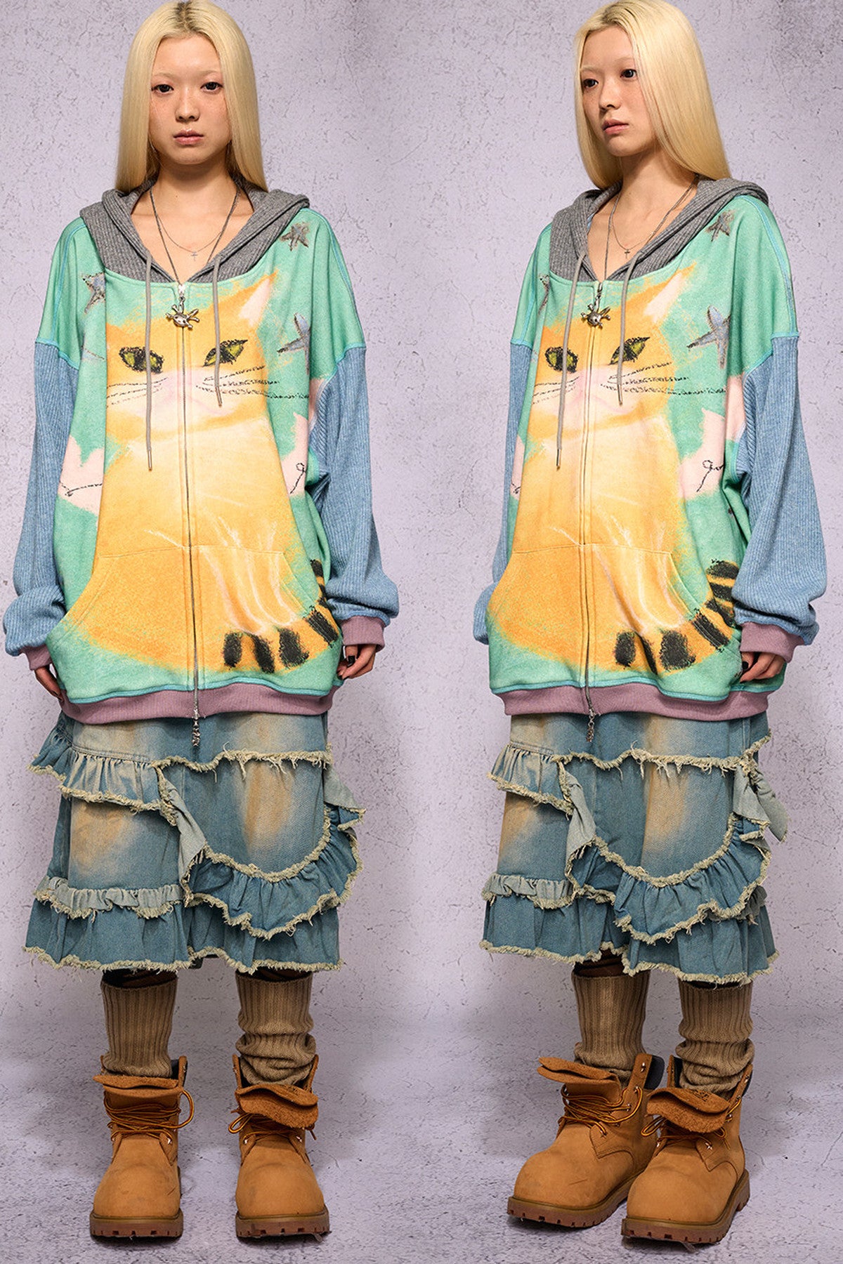 Cat Print Patchwork Sweatshirt Jacket